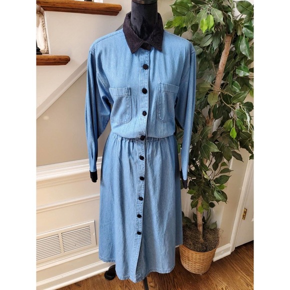 Vintage Fads Solid Blue 100% Cotton Collared Long Sleeve Casual Maxi Dress 12 - Picture 1 of 12